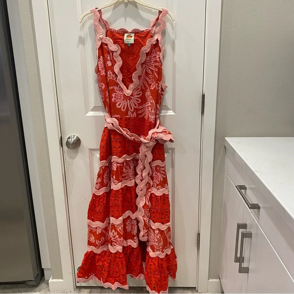 Farm Rio Flowerful Birds Red and Pink Floral Eyelet Lace Dress - Picture 9 of 9